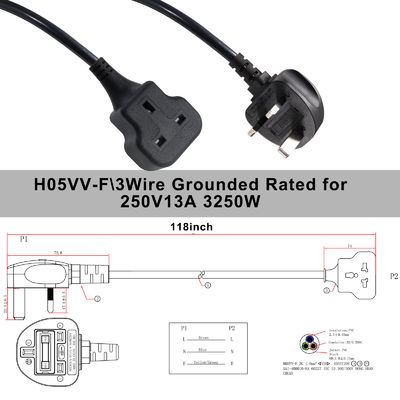 1M 전기 전원 케이블 13A 250V Ac 연장 케이블