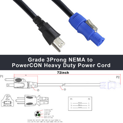 SJT SJTW 와이어 연장 3Pin 미국 전원 전구 3M US에서 PowerCON 커넥터와 함께
