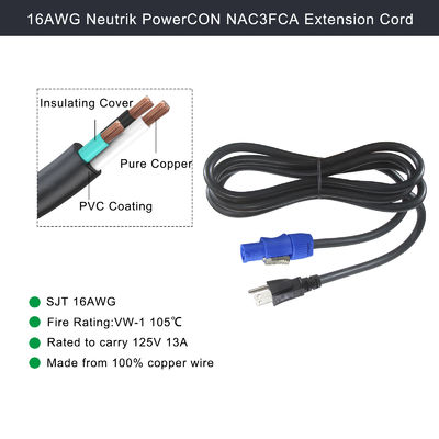 NEMA 5-15P에서 PowerCon NAC3FCA 14AWG SJTOW 전원 케이블 3M