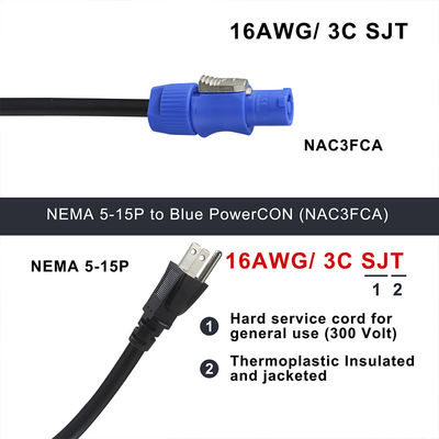 NEMA 5-15P에서 NAC3FCA 10A/15A 미국 전력 케이블 AC 14AWG NEMA5-15P에서 PowerCon NAC3FCA