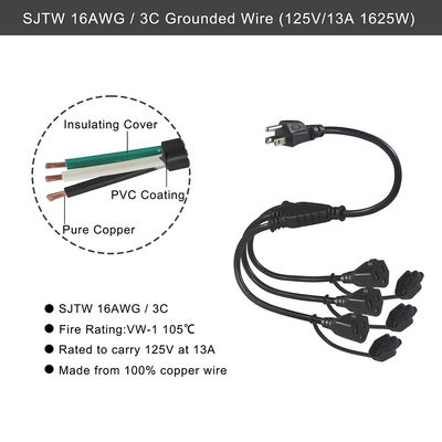 NEMA 5-15P 연장 코드 분배기 1 to 3 콘센트 16/3 AWG
