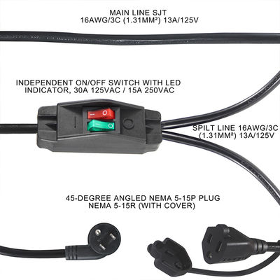 선택적 125V 15A NEMA 5-15 515에 플러그 두 개의 소재 US 3Pin ON OFF 스위치 전원 확장 케이블 Y 스플리터