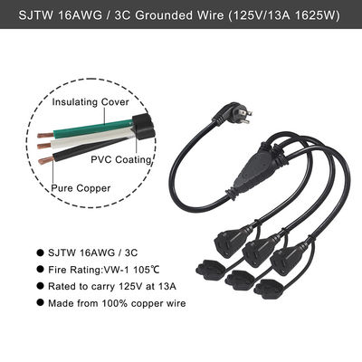 NEMA 5-15P 3x5-15R Y 스플리터 전력 케이블 3FT 16AWG 고무 재킷