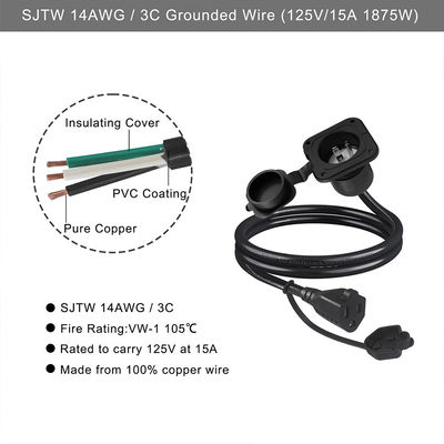 NEMA 5-15R 방수 컨버터 전원 코드 1M 15A 125V