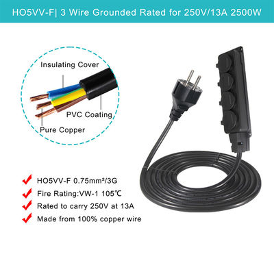 EU 슈코 F형 플러그 4출구 연장 케이블 16A 250V