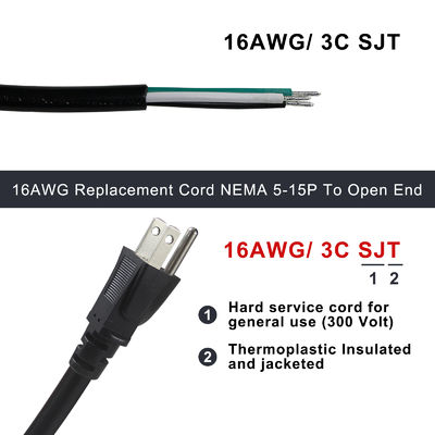 NEMA 5-15P ~ 10MM 전원 제거 연장 케이블 SJT SJTW 3 와이어 케이블