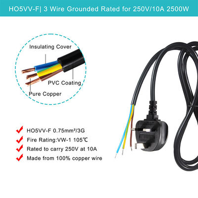 3구 영국 플러그 전원 코드 0.75mm² ~ 1.5mm² 사전 절단 주석 처리
