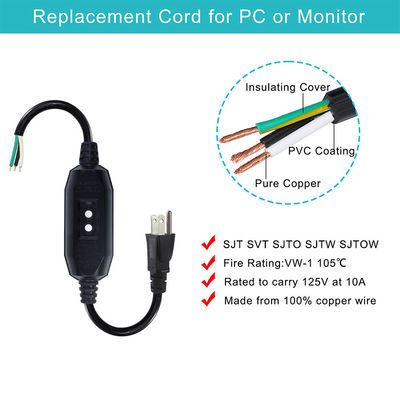 산업용 중부용 18AWG NEMA 5-15P 전원 케이블, RCD 보호 및 기계/가전용품용 무선 끝