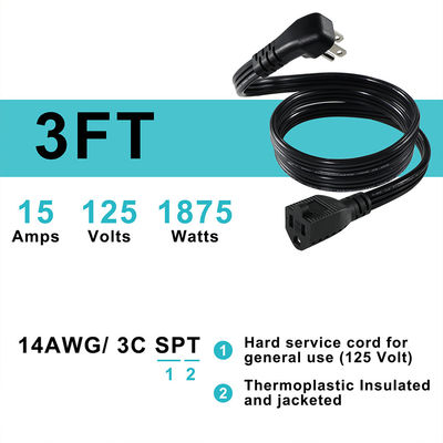 14 AWG SPT-3 평면 유선 전원 케이블 NEMA 5-15P ~ 5-15R 직선 블레이드 플러그 15A 125V 산업 / 가정용 유연 케이블