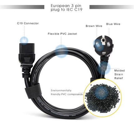 1.2M 중부용 EU ~ C19 전원 케이블 서버 / 데이터 센터 사용용 산업용 10A 250V CE RoHS 인증