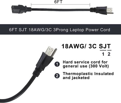 컴퓨터 및 모니터용 NEMA 5-15P ~ C13 전원 케이블 6ft 18AWG