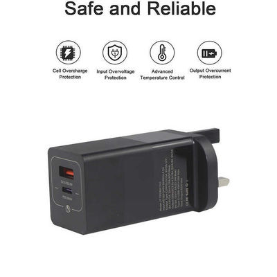 US 플러그 65W USB 벽 충전기 – 듀얼 포트 어댑터 (USB-C & USB-A 출력) 노트북, 휴대폰, 태블릿, 여행 충전용 (100–240V 입력)