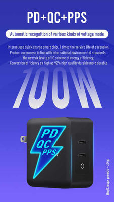 US 플러그 100W 듀얼 USB-C 벽 충전기 – 노트북, 태블릿, 휴대폰, Type-C 기기용 2포트 고속 충전 어댑터 (100–240V 입력)