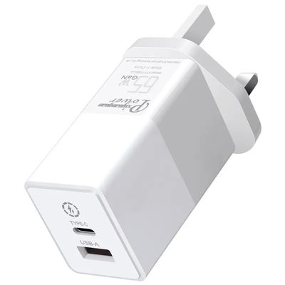 USB-C 및 USB-A 포트가 있는 영국 2핀 벽 충전기, 노트북/휴대폰/태블릿용 65W 듀얼 포트 고속 전원 어댑터