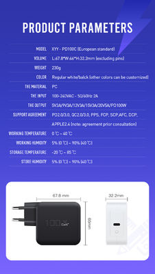 UK/EU 2핀 벽 충전기, USB-C 포트 포함, 노트북/태블릿/휴대폰용 100W 고속 출력 전원 어댑터