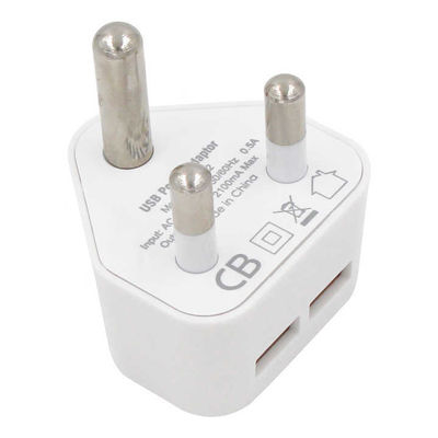 남아프리카 공화국 SA 플러그 듀얼 USB-A 벽 충전기 – 5V 2.4A 출력 AC 어댑터 (휴대폰, 태블릿, USB 기기용)
