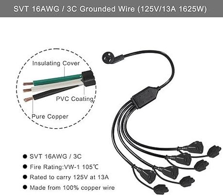NEMA 5-15P에서 2/4-Way US 오프릿 파워 스플리터 코드 - 가정, 사무실, 워크 벤치, 충전기용 125V AC Y 확장 케이블