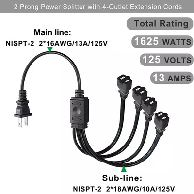 1-to-4 NEMA 1-15P 플랫 플러그 전원 분배기 - 공간 절약형 125V 15A 멀티 아울렛 홈/사무실용 연장