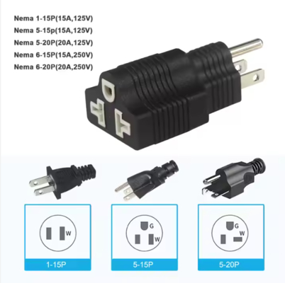 NEMA 5-15P to 5-15R 직각 플러그 어댑터 15A 125V