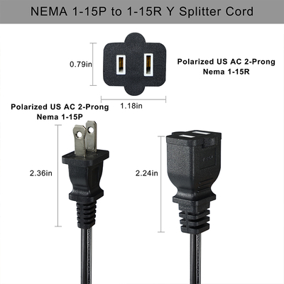 NEMA 1-15P to 1-15R 2구 2구 연장 코드 110V-250V 구리 PVC