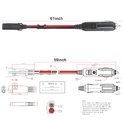 12V SAE 가 15A 피지와 자동차 담배 라이터 케이블