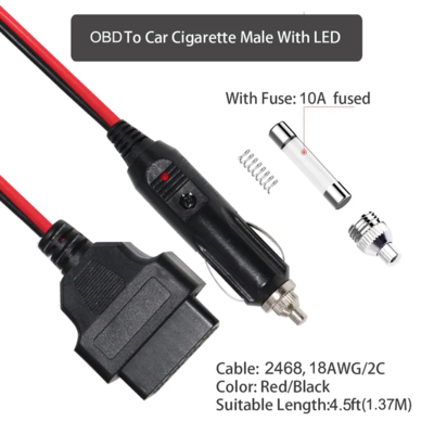 12V 자동차 담배 라이터 플러그 OBD2 커넥터 진단 전력 케이블 자동차 스캐너 코드 리더 ECU를 위한 피지